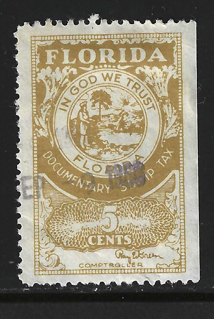 FL documentary D35 5¢ gold Green sign. U VF w/ SE at R