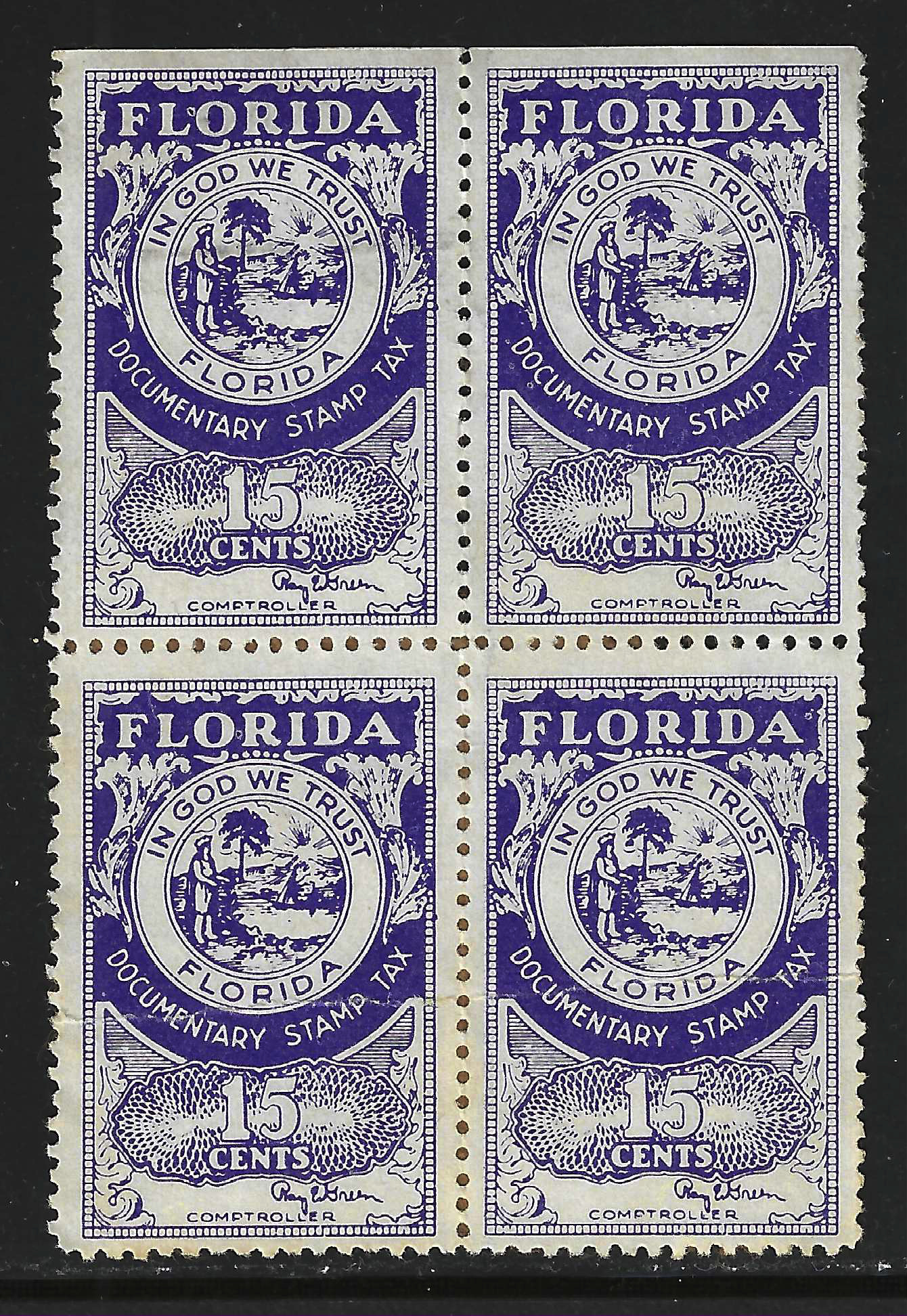 FL documentary D37a 15¢  violet-blue block/4 Green sign.  U VF