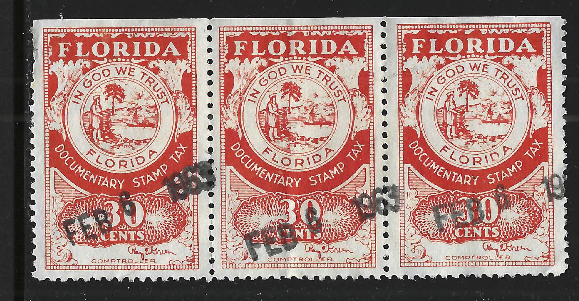 FL documentary D39 30¢ orange Green sign. horz strip/3 U VF SE at T