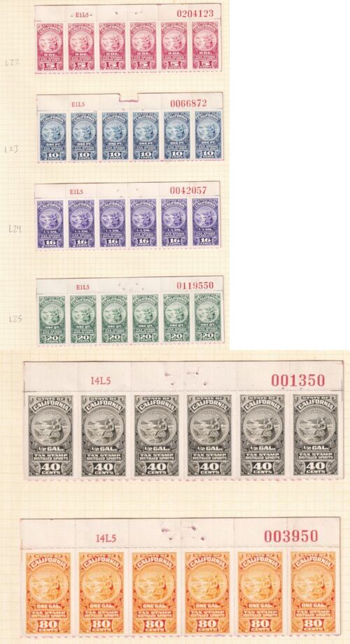 CA liquor L22 – L27 5c – 80c MLH VF top blocks of 6, all w/control numbers