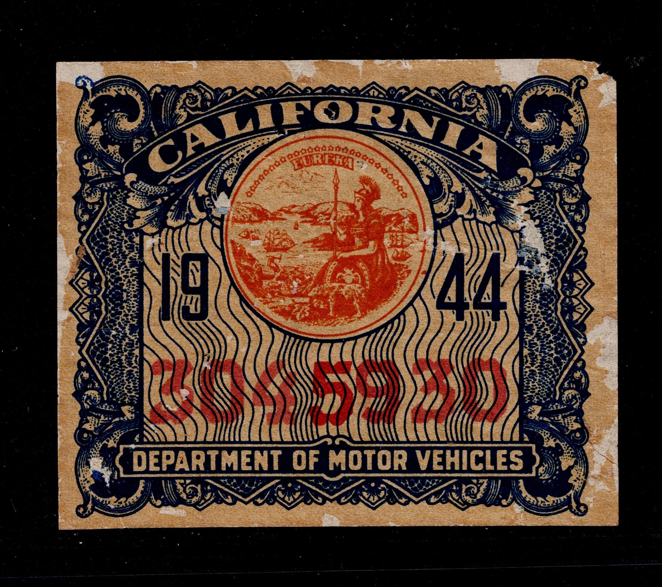 CA motor vehicle 1944 motor vehicle license, unused F, Sm faults, still nice. Unlisted.