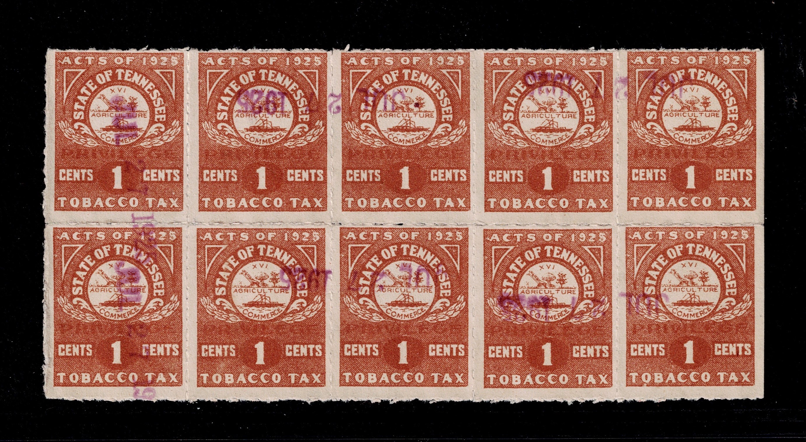 TN tobacco T17 1c U F-VF block of 10