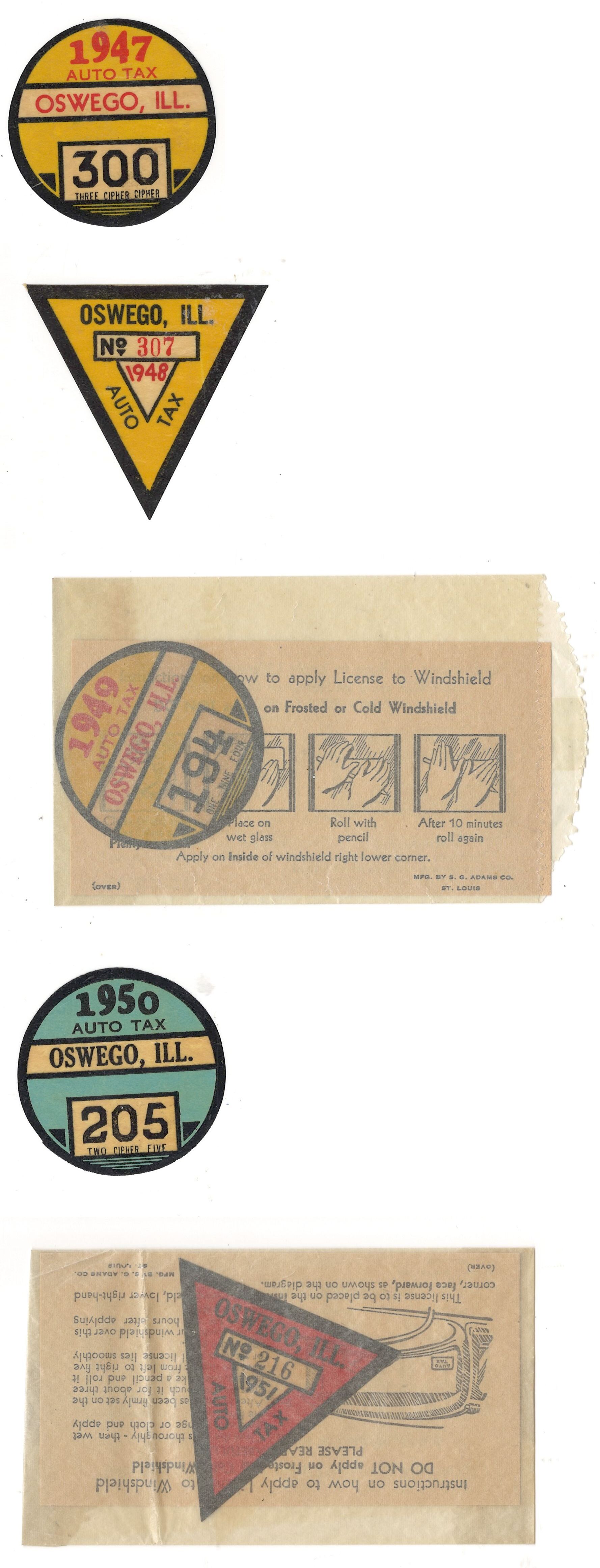 IL auto registration tags 1947 to 1951 Five auto decals from Oswego IL