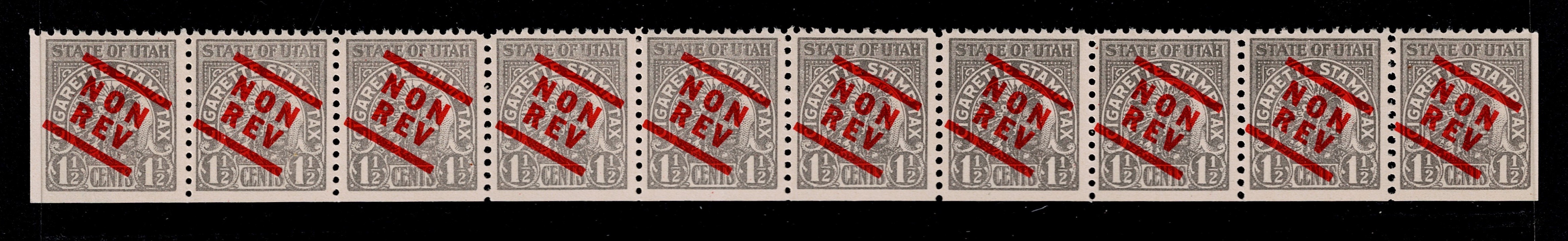 UT cigarette C33 1-1/2c MNH VF strip of 10, NON REV overprint
