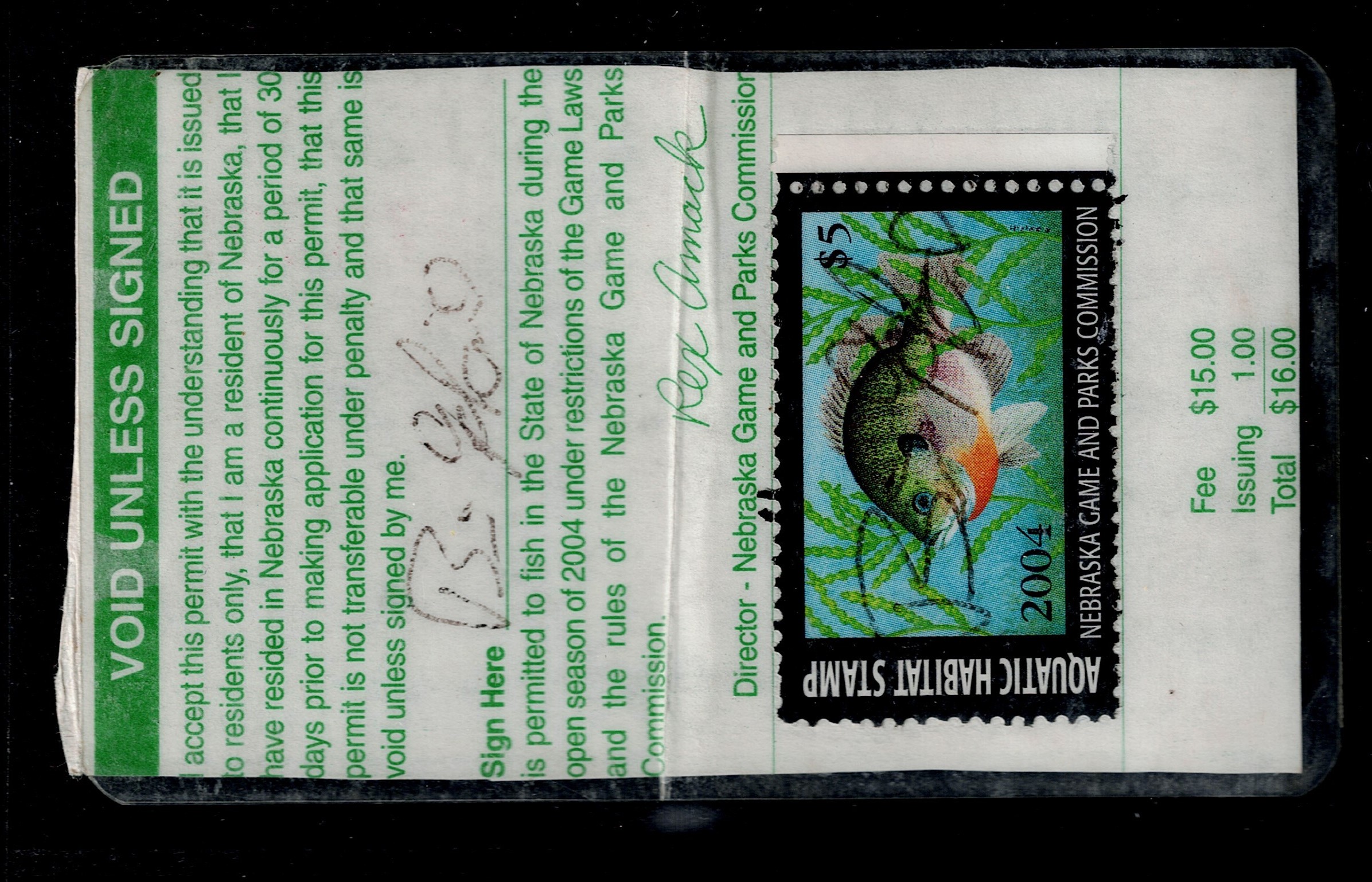 NE aquatic habitat AH8 $5 U F, 2004 on laminated fishing license