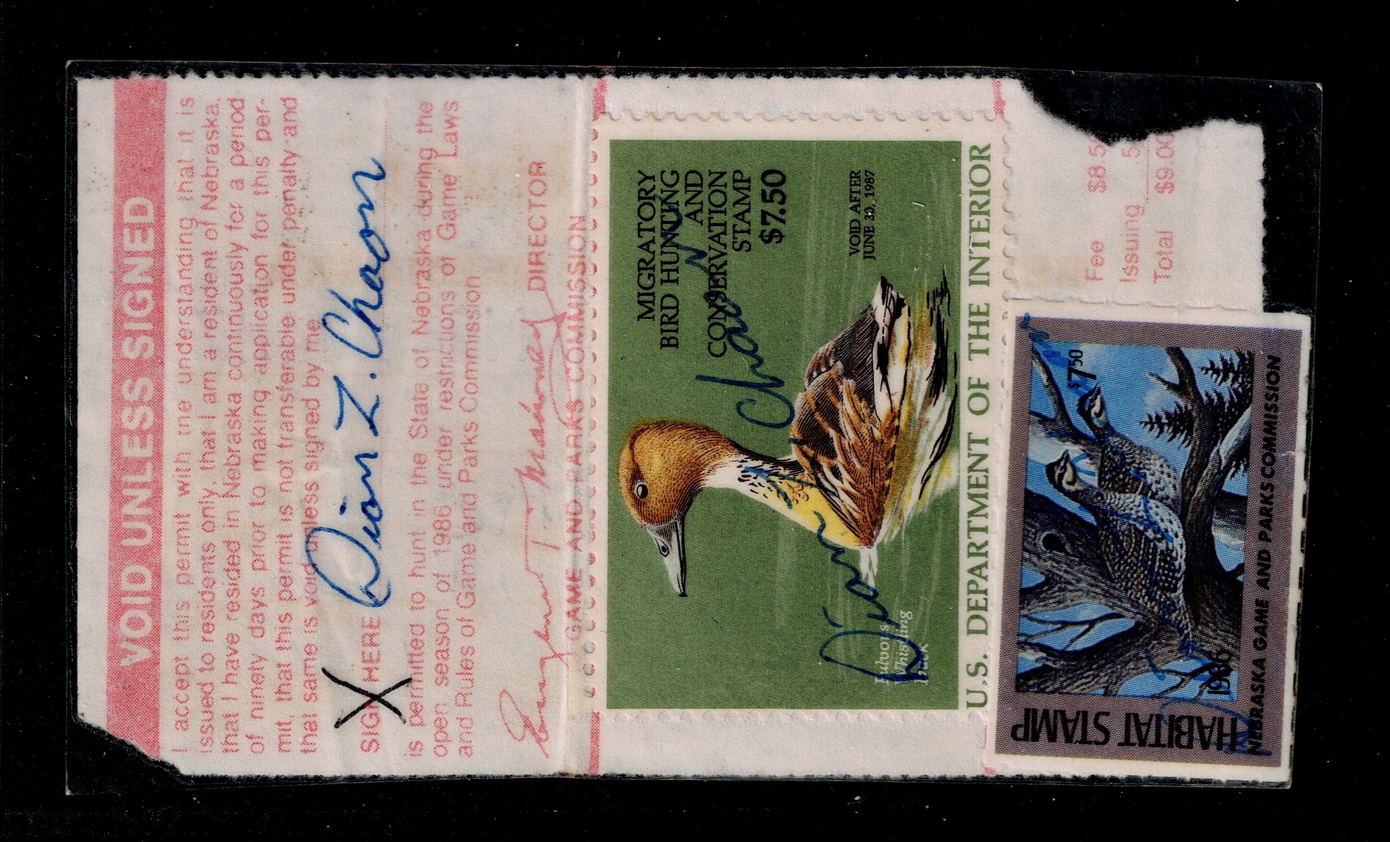 NE habitat HB10 $1 U F, 1986 on laminate hunting license w/ federal RW53