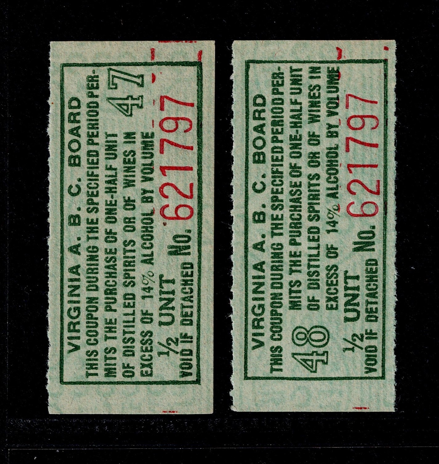 VA liquor permit 1/2unit MNG VF two copies, 47 & 48