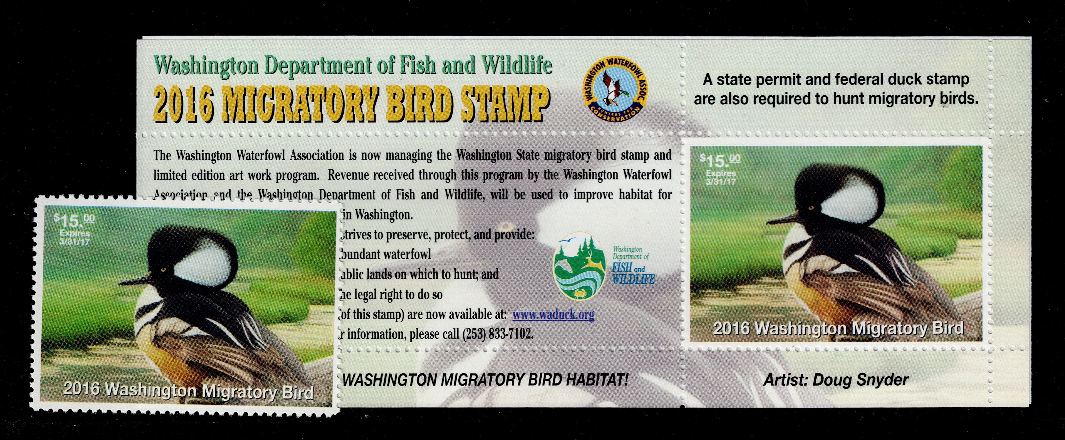 WA waterfowl W31 & WH31 $15 MNH VF 2016 single and booklet pane