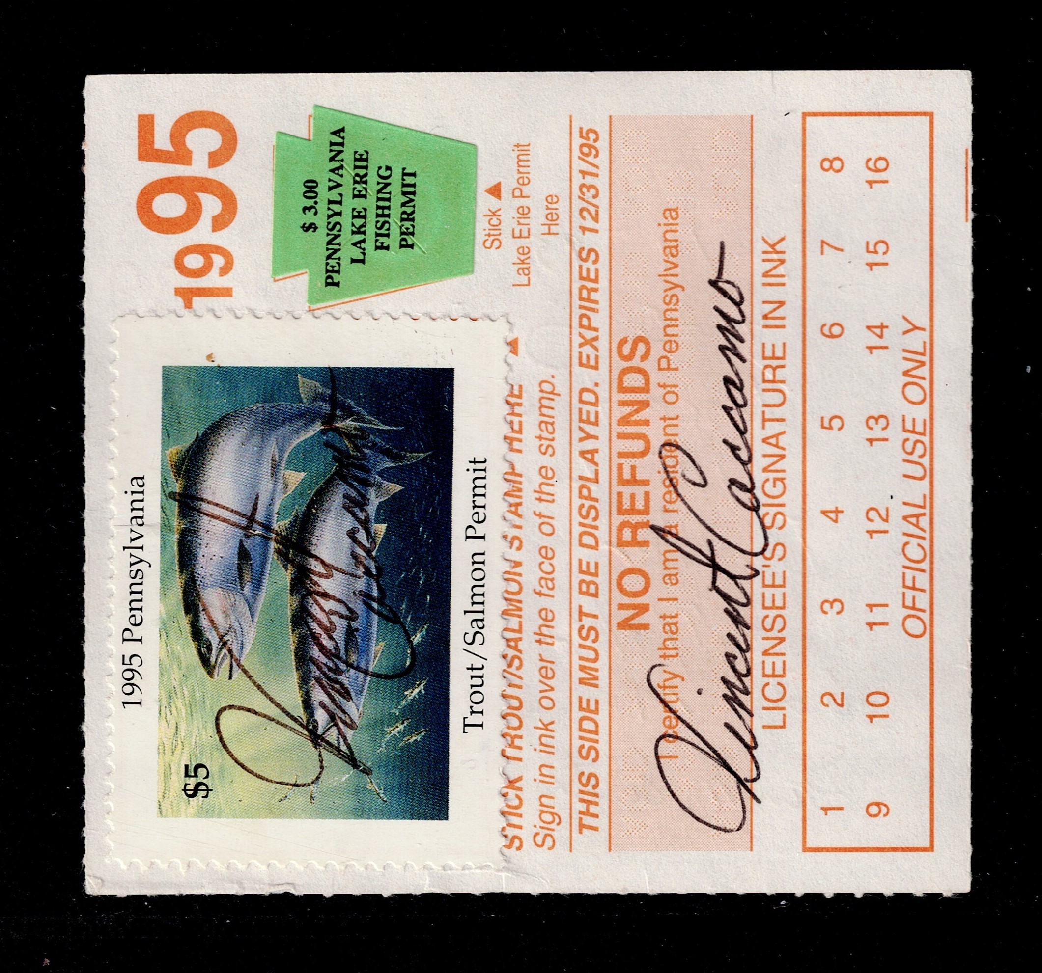 PA trout & salmon  T&S5 $5  U F-VF, 1995 on license w/ Lake Erie fishing permit LE1