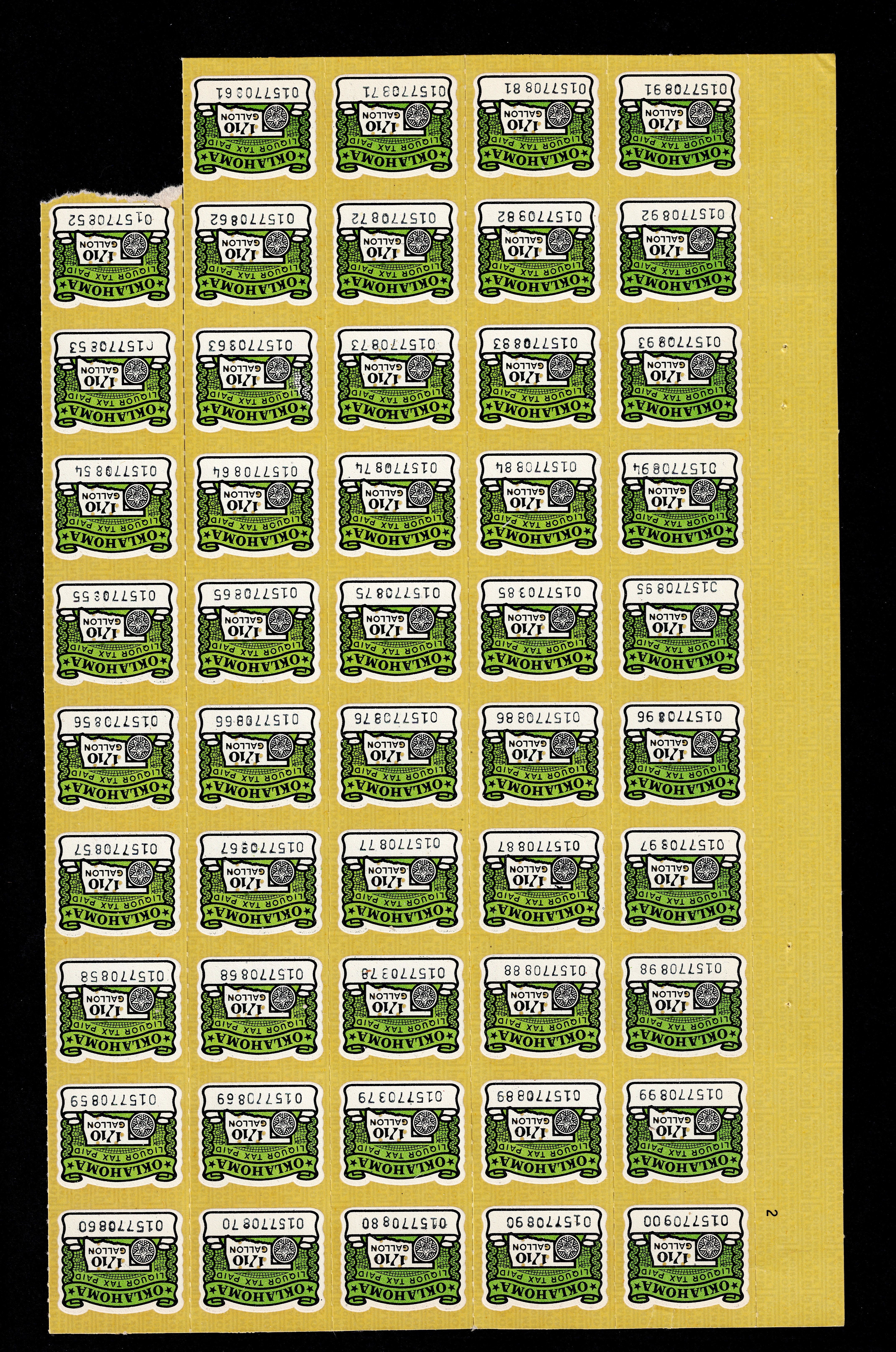 OK liquor L4 1/10 gal. Partial pane of 49, MNH VF some separation