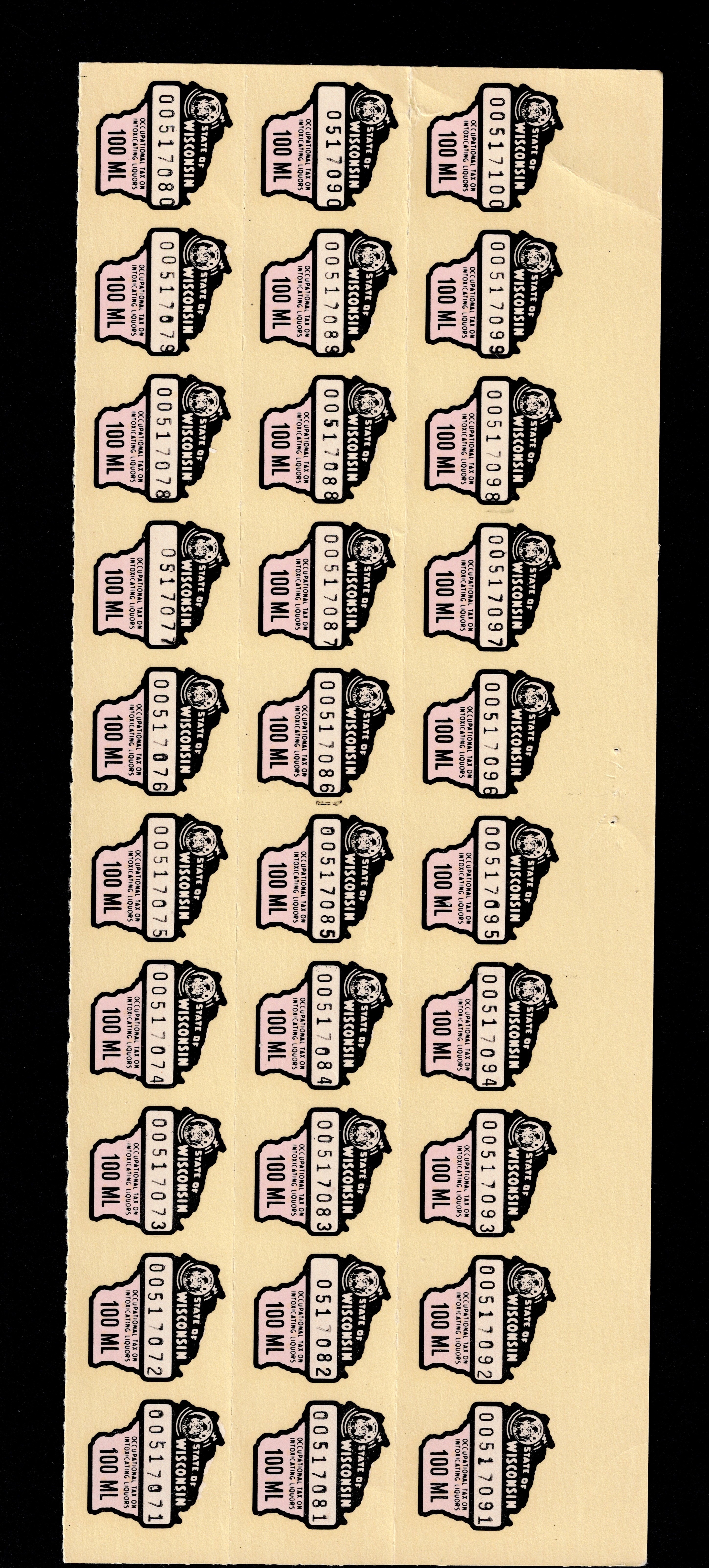 WI liquor L168 100 ml. Partial pane of 30, MNH VF, 3 positions show 7 digit serial number. lt. crease over 1 stamp.