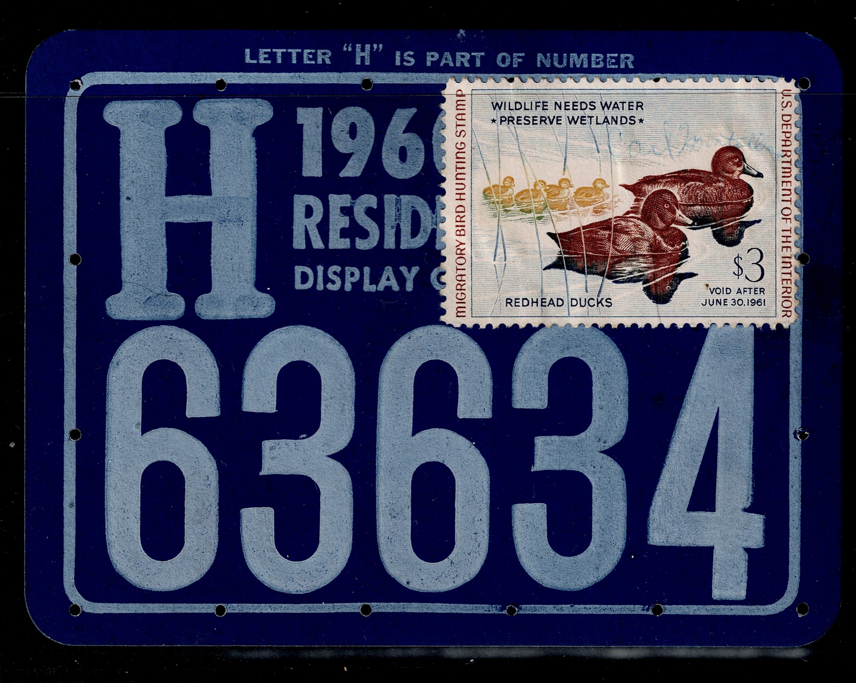 Federal waterfowl RW27 $3 U VF, 1960 on a sewn-on resident hunting license