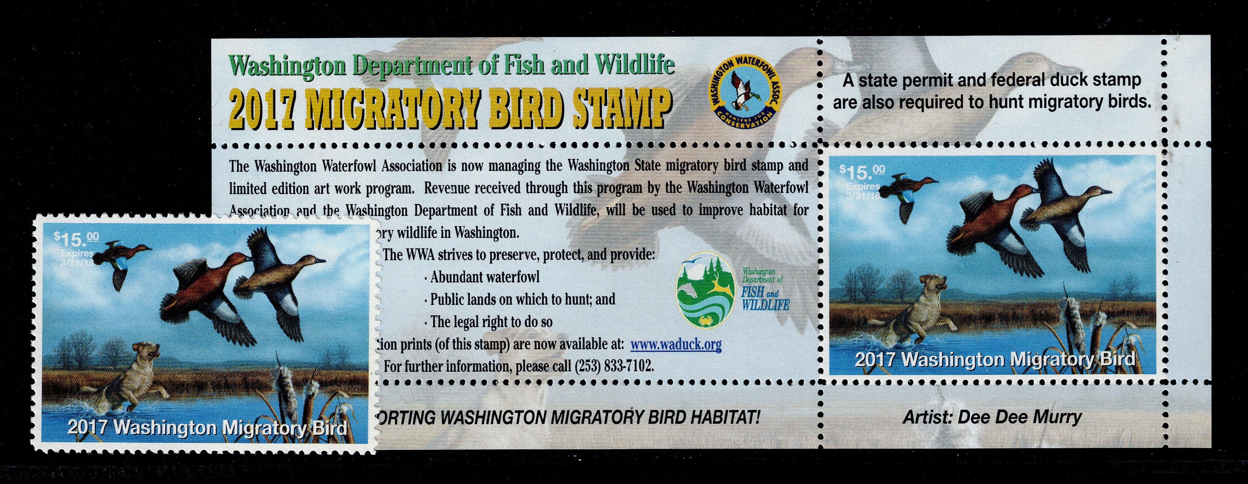 WA waterfowl W32 & WH32 $15 MNH VF 2017 Cinnamon Teal single and booklet pane
