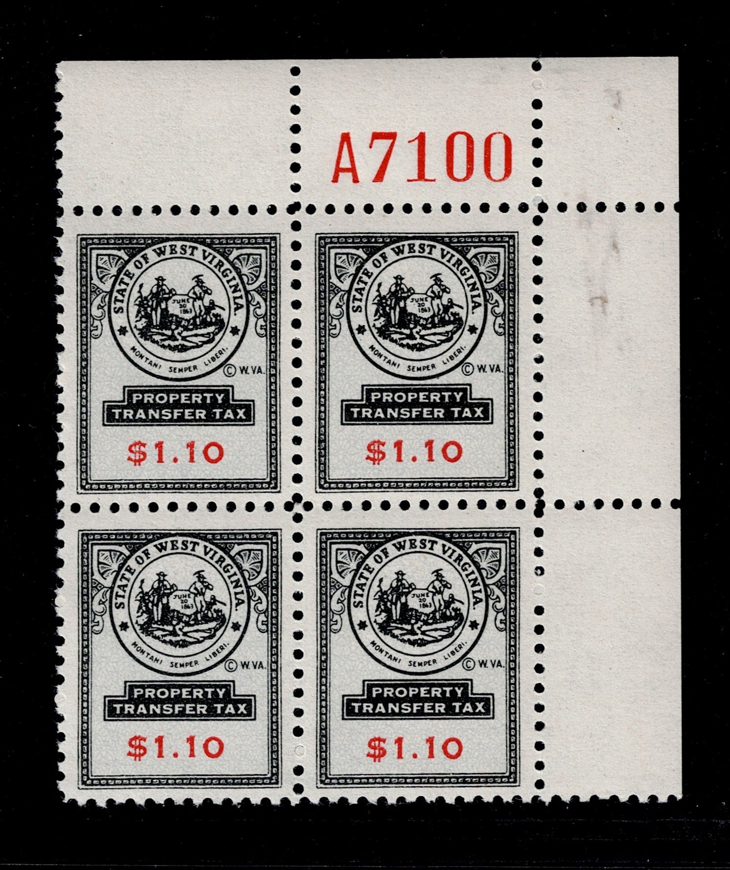 WV documentary D1 $1.10 MNH VF top R corner plate No. block of 4