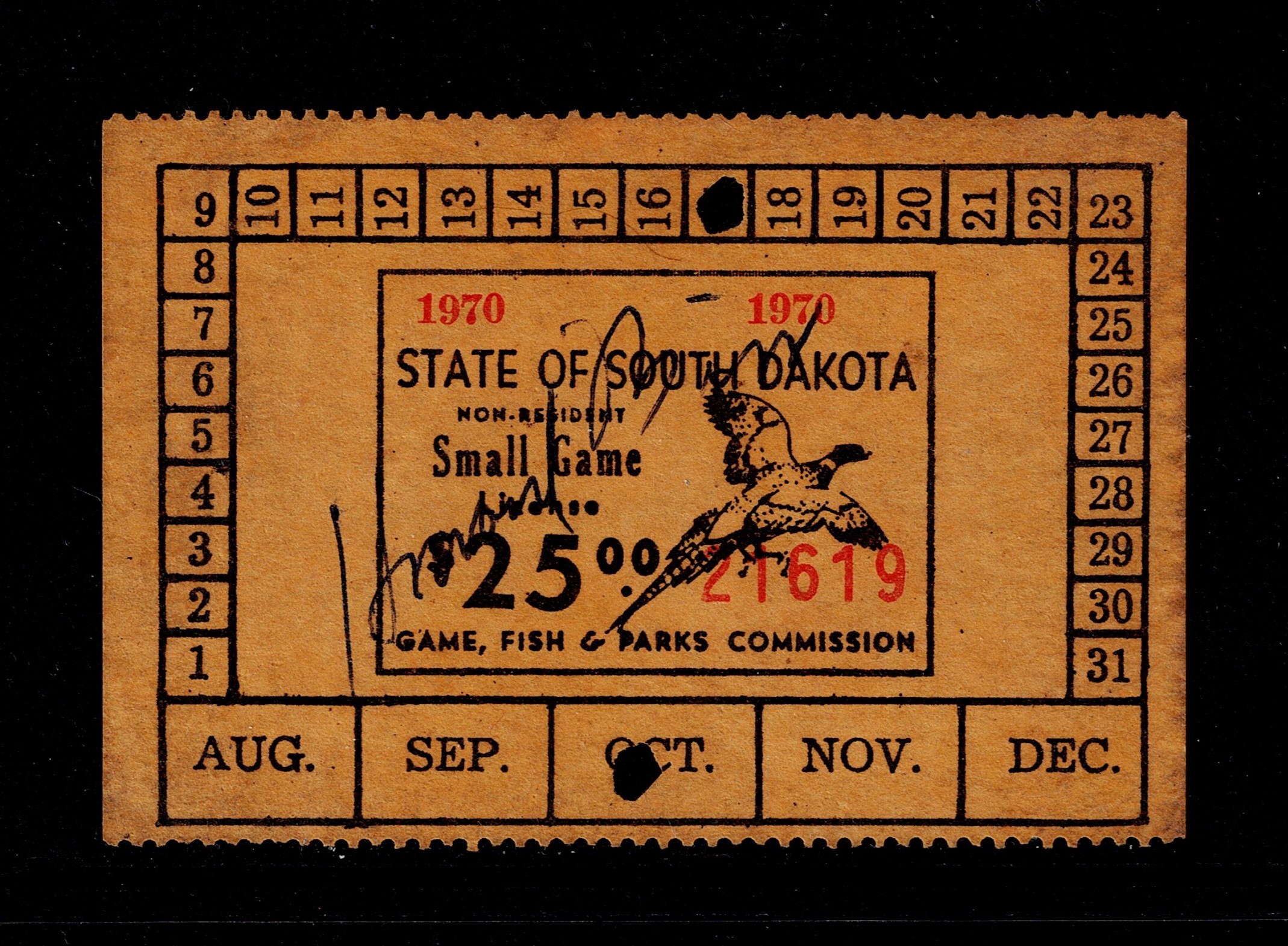 SD small game SGN11 $25 U VF 1970 non resident