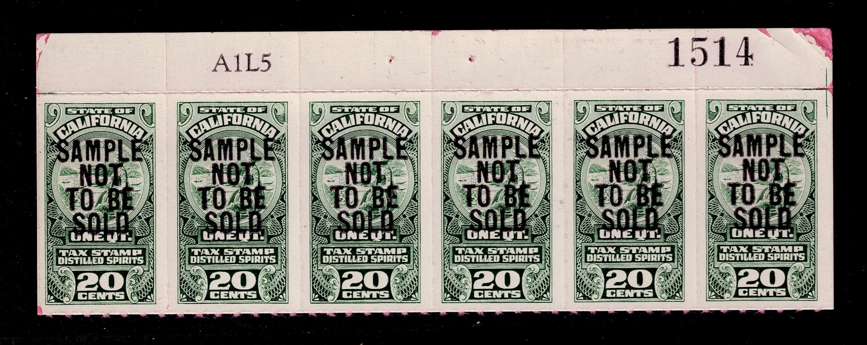 CA liquor L25Sa 20c MNH VF top margin number strip of 6