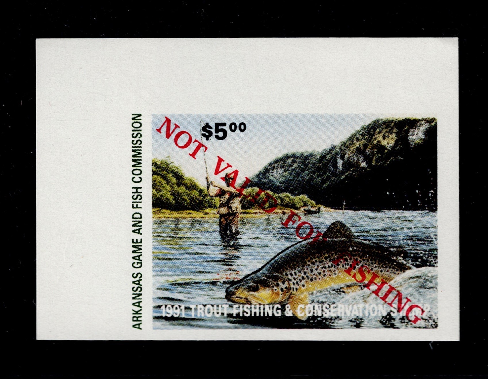 AR trout T1P $5 MNH VF, Top L corner imperf proof