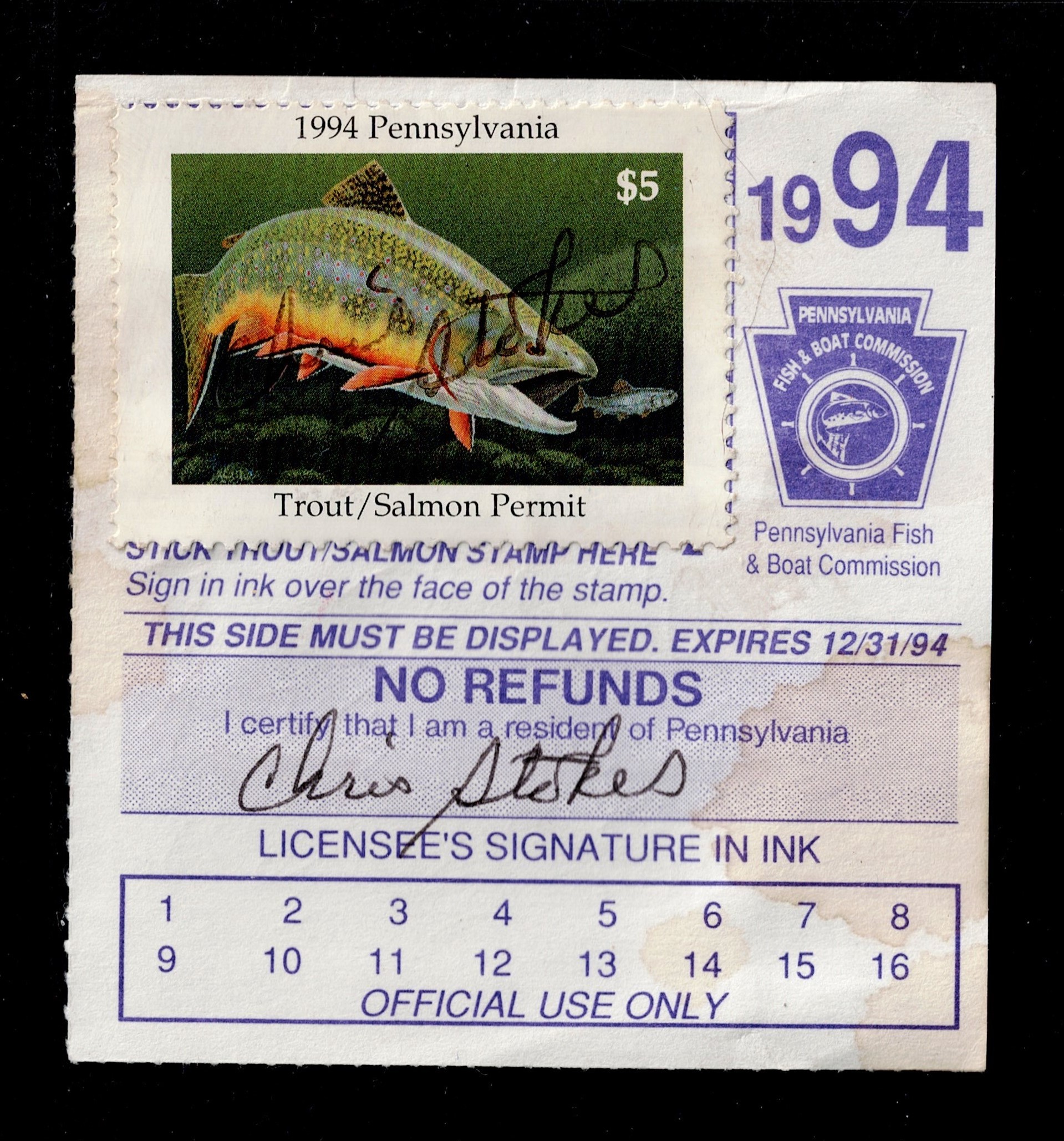 PA trout/salmon T&S4 $5 U VF on license, 1994