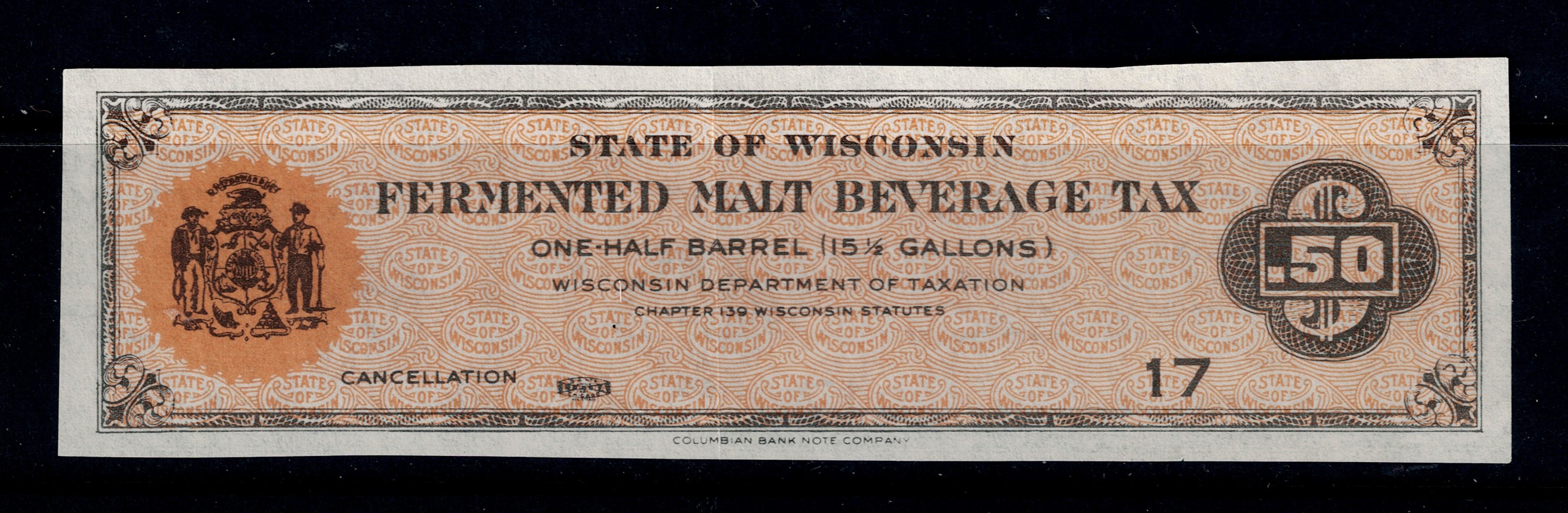 WI beer B89PW $.50 MNH XF, printers waste, B68 on back