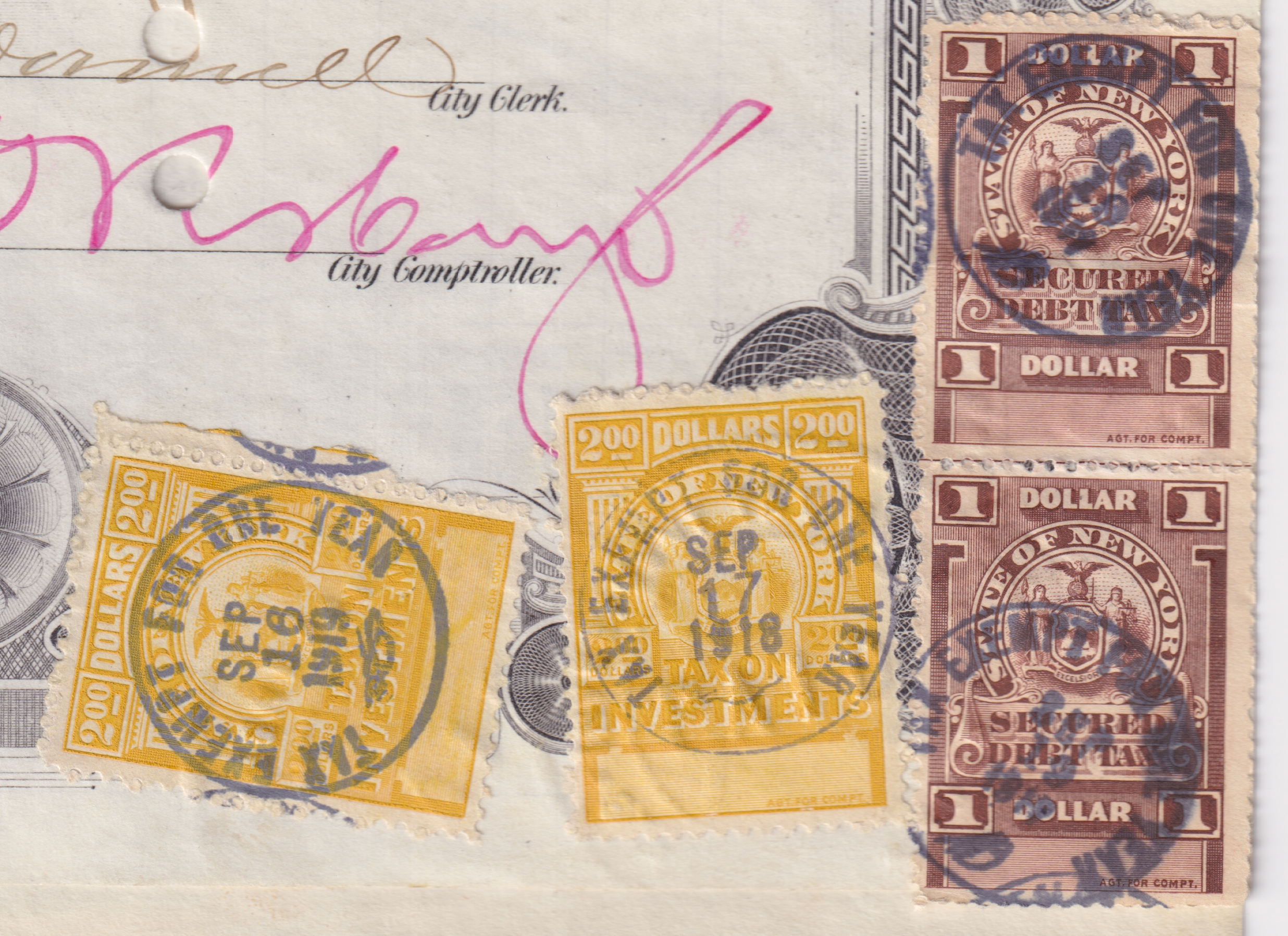 NY secured debt, investments SCD4, INV6, INV6a $1, $2 U F-VF, on 1905 $1000 City of Jersey City School bond. SCD4 stamped Tax exempt one year, Sept 19 1917, INV6  stamped Tax exempt one year, Sept 17 1918, and INV6a stamped Tax exempt one year, Sept 16 1919