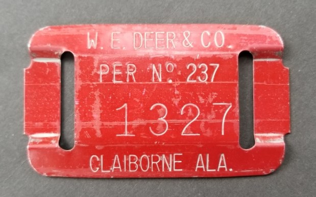 AL hunting permit. Old metal belt tag for hunting on private land, Claiborne County, AL