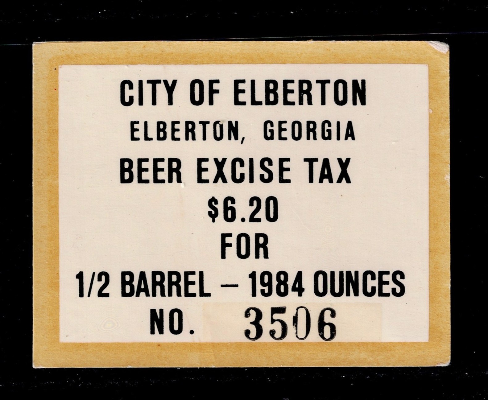GA local beer $6.20 City of Elberton MNH VF