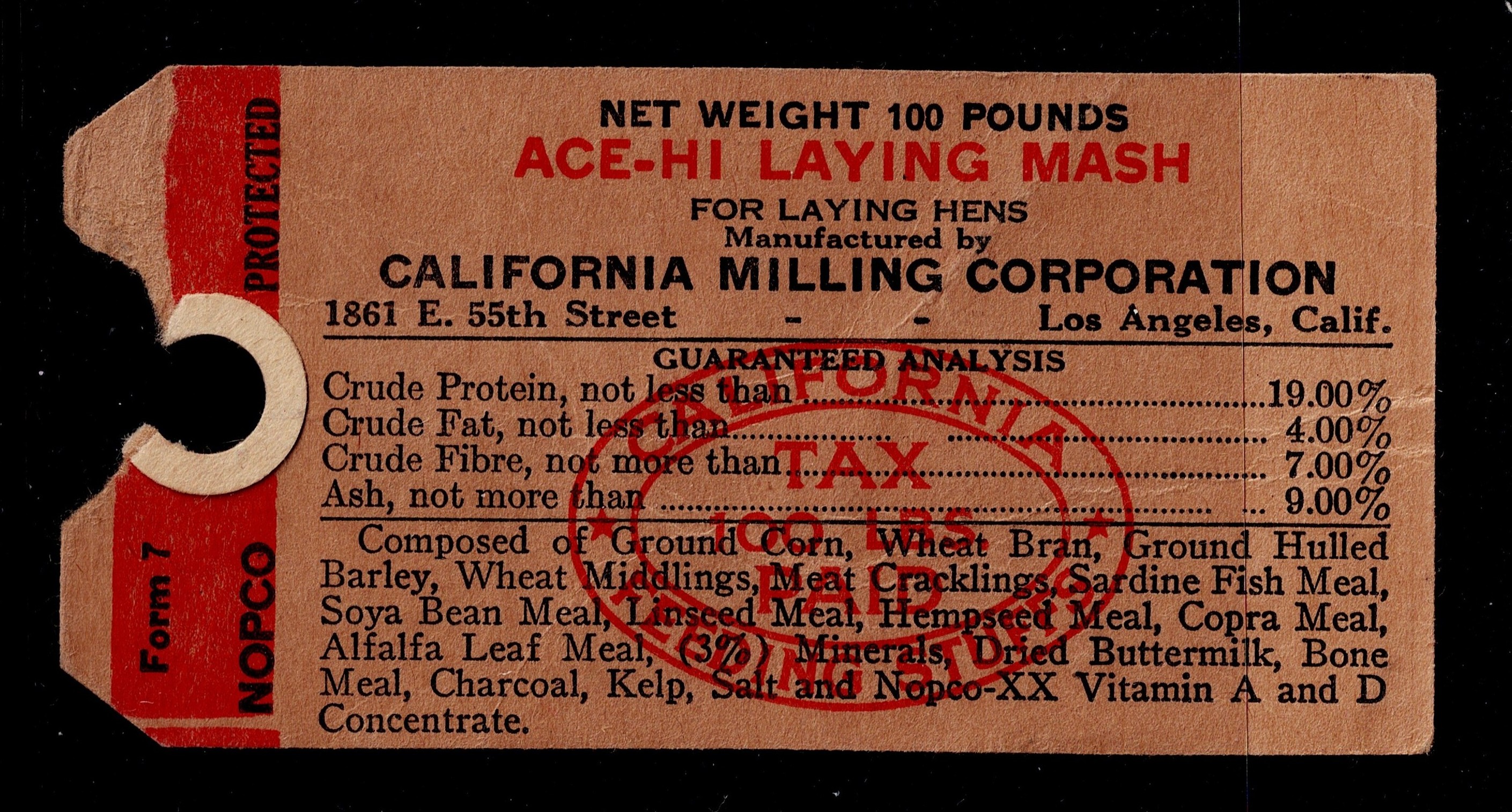 CA feed tag FET51 100 lbs. U VF, torn eyelet, California Milling Laying mash