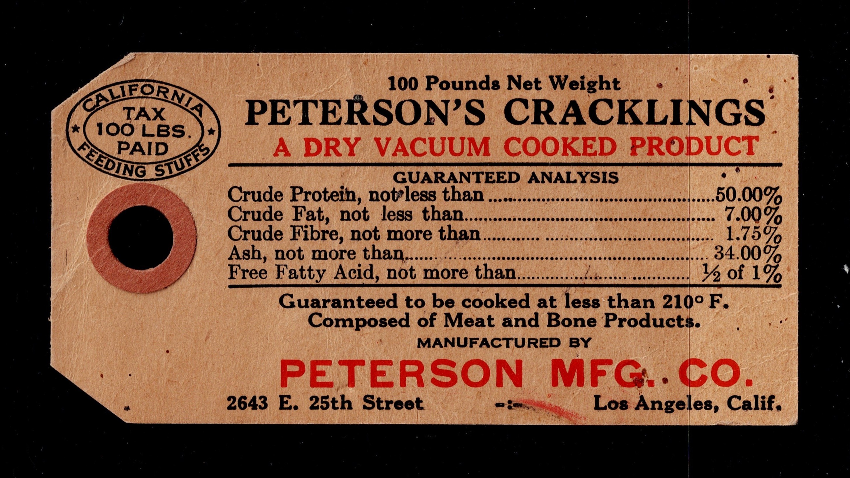 CA feed tag FET46 100 lbs. U VF, creases, Peterson MFG. Peterson's Cracklings