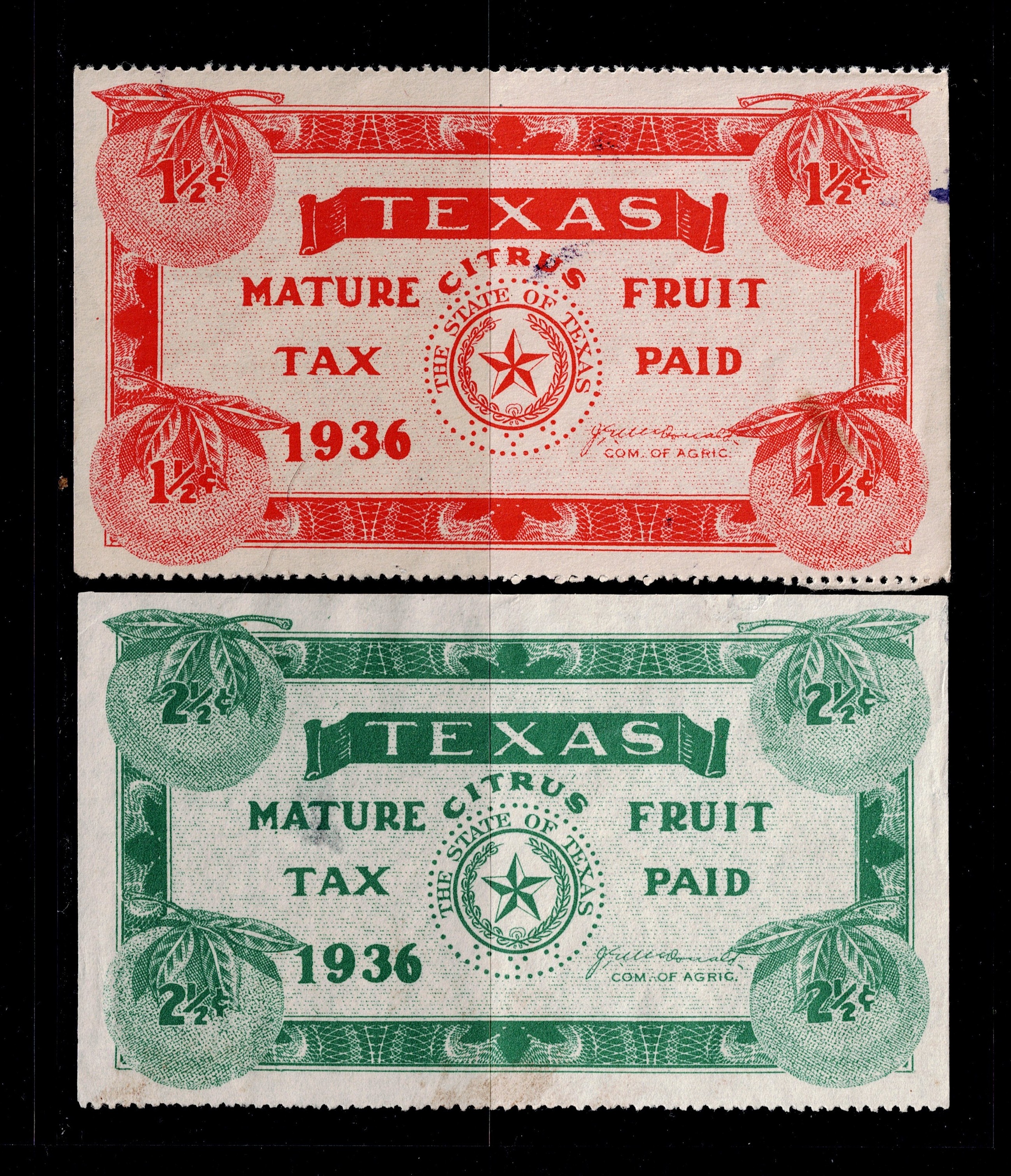 TX citrus CF19, CF20 1-1/2c, 2-1/2c U VF, 1936