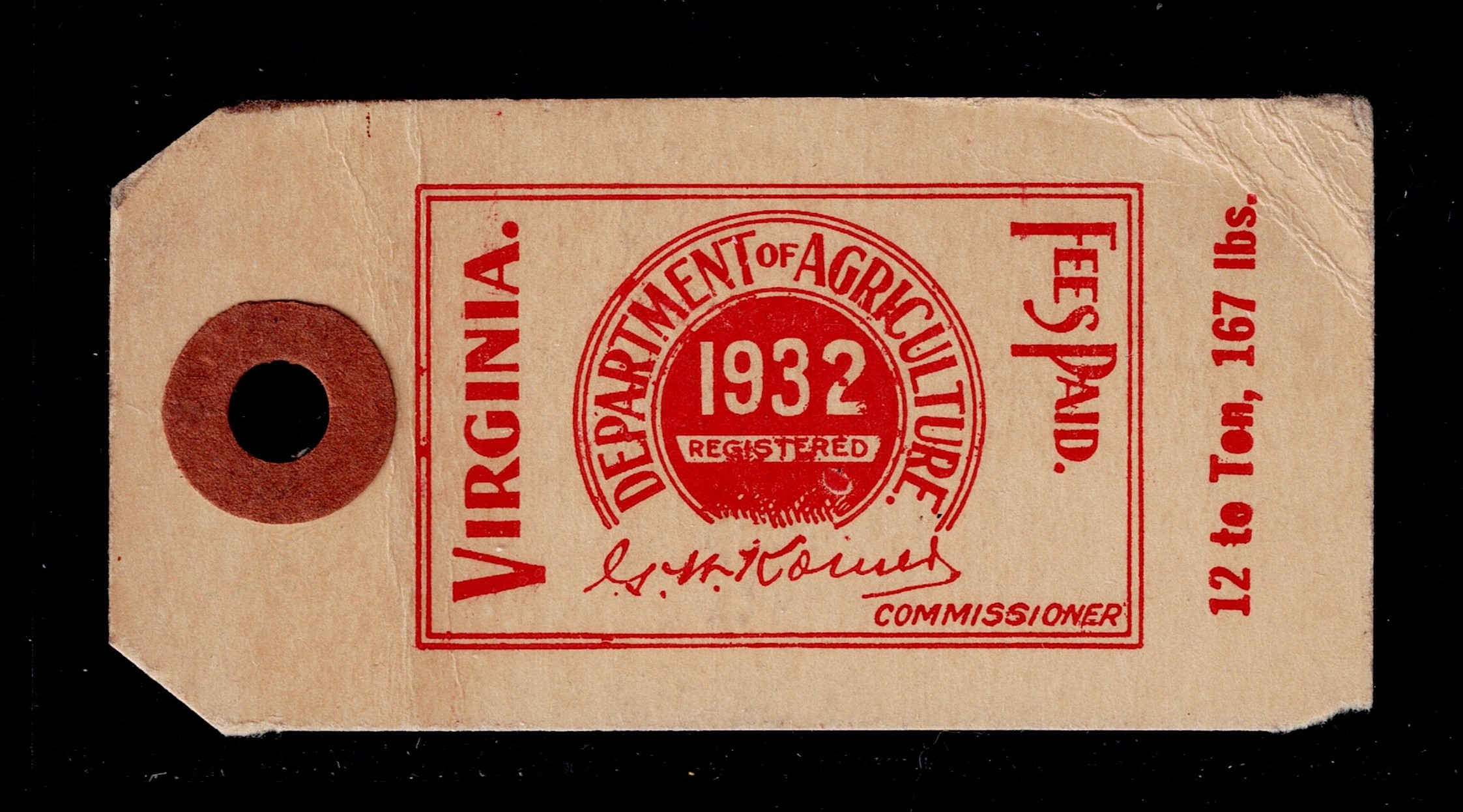 VA fertilizer tag FTT80 167 lbs. U VF, sm crease