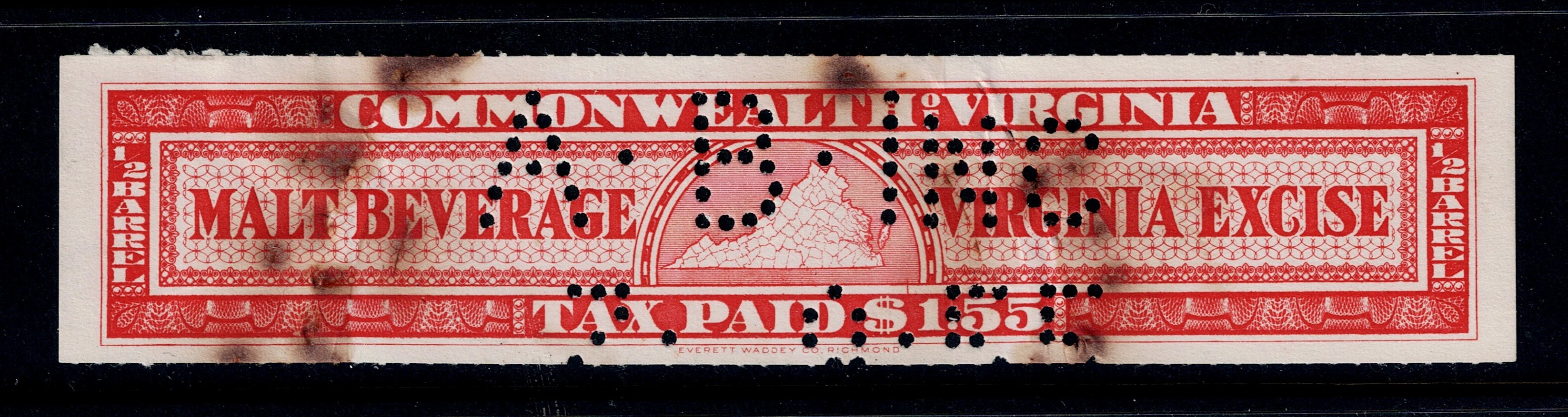 VA beer B7 $1.55 U VF, perfin, stains