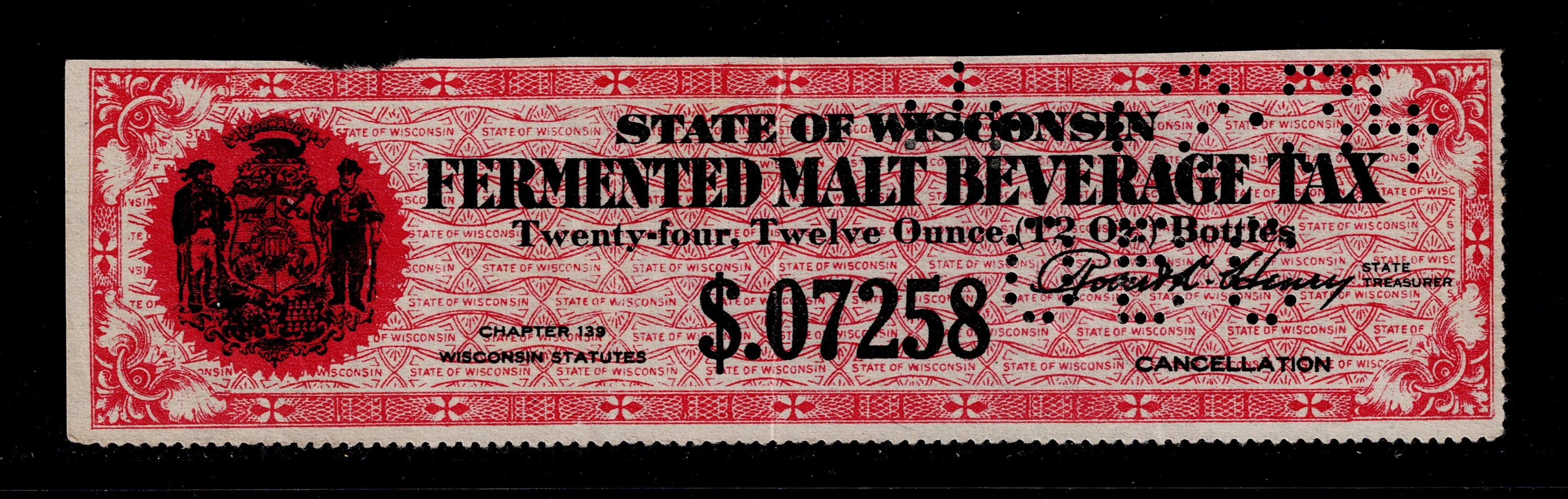 WI beer B9 $.07258 U F, perfin, crease