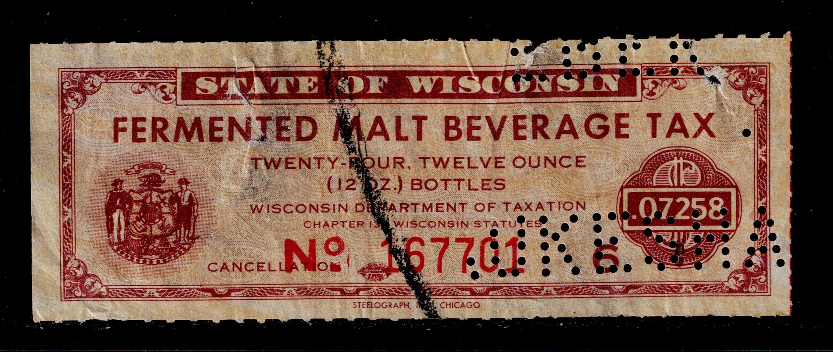 WI beer B122 $.07258 U VF, perfin, thins