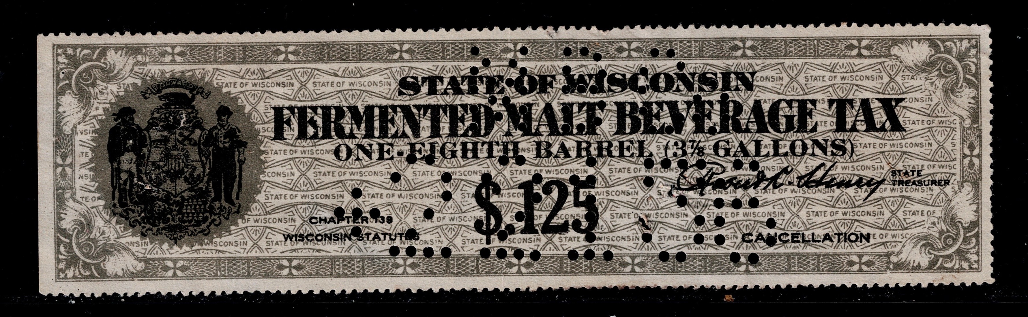 WI beer B12 $.125 U VF, perfin, staple holes