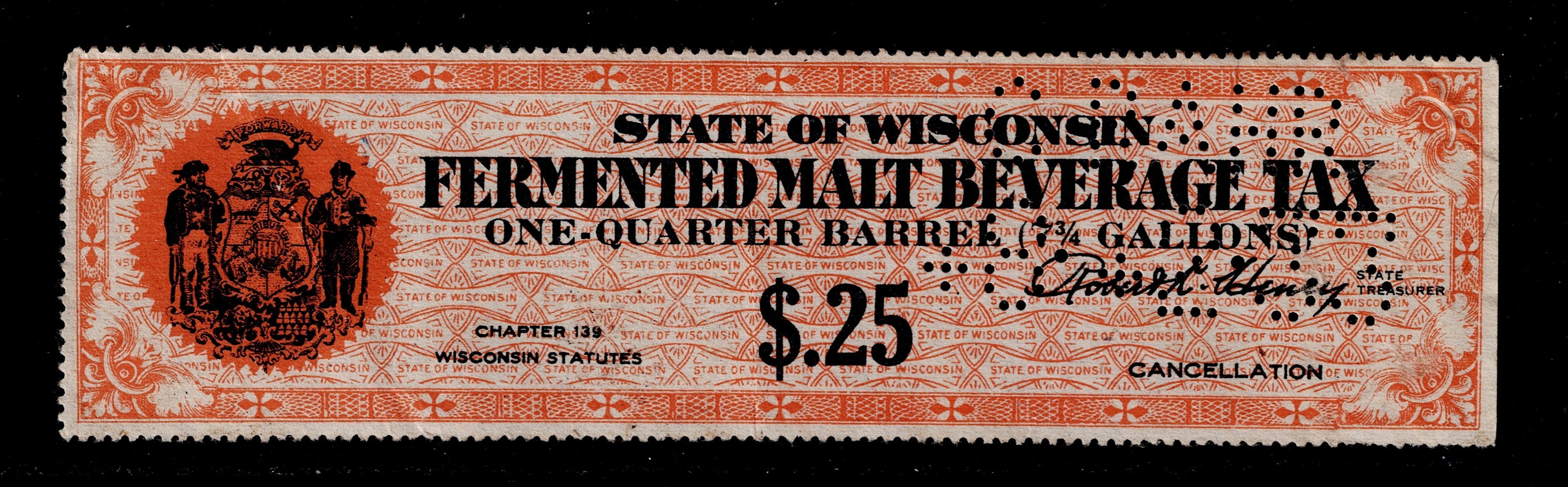 WI beer B13 $.25 U VF, perfin, crease