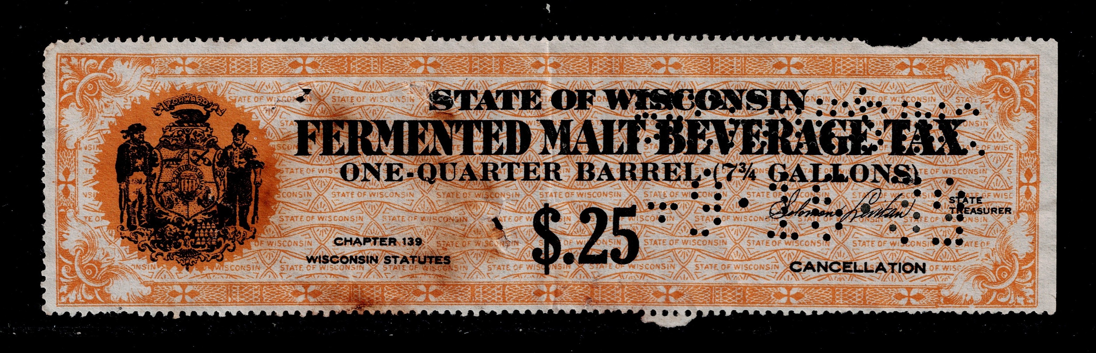 WI beer B22 $.25 U VF, perfin, staple holes