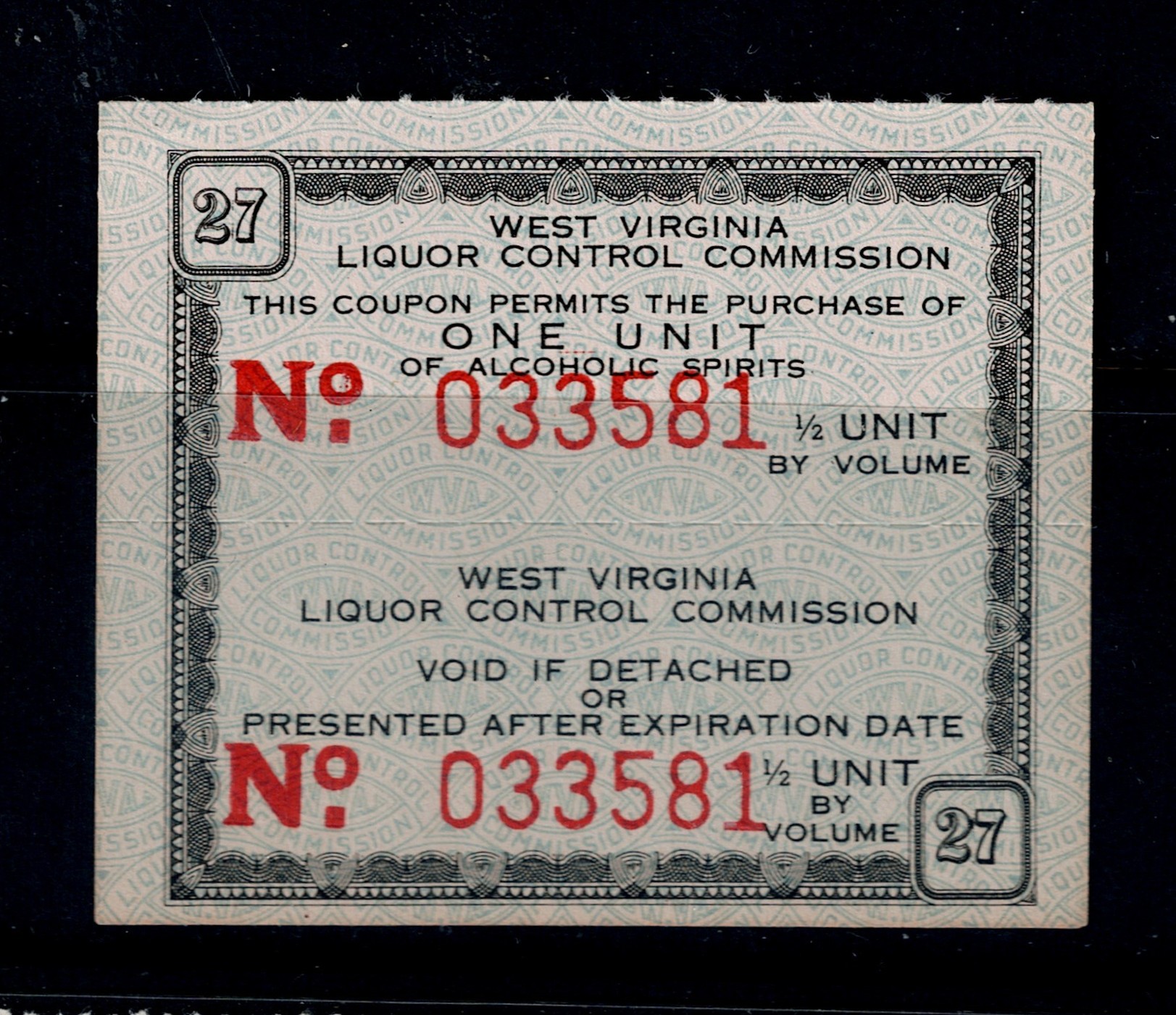 WV liquor sales 1 unit MNG F-VF, attached pair