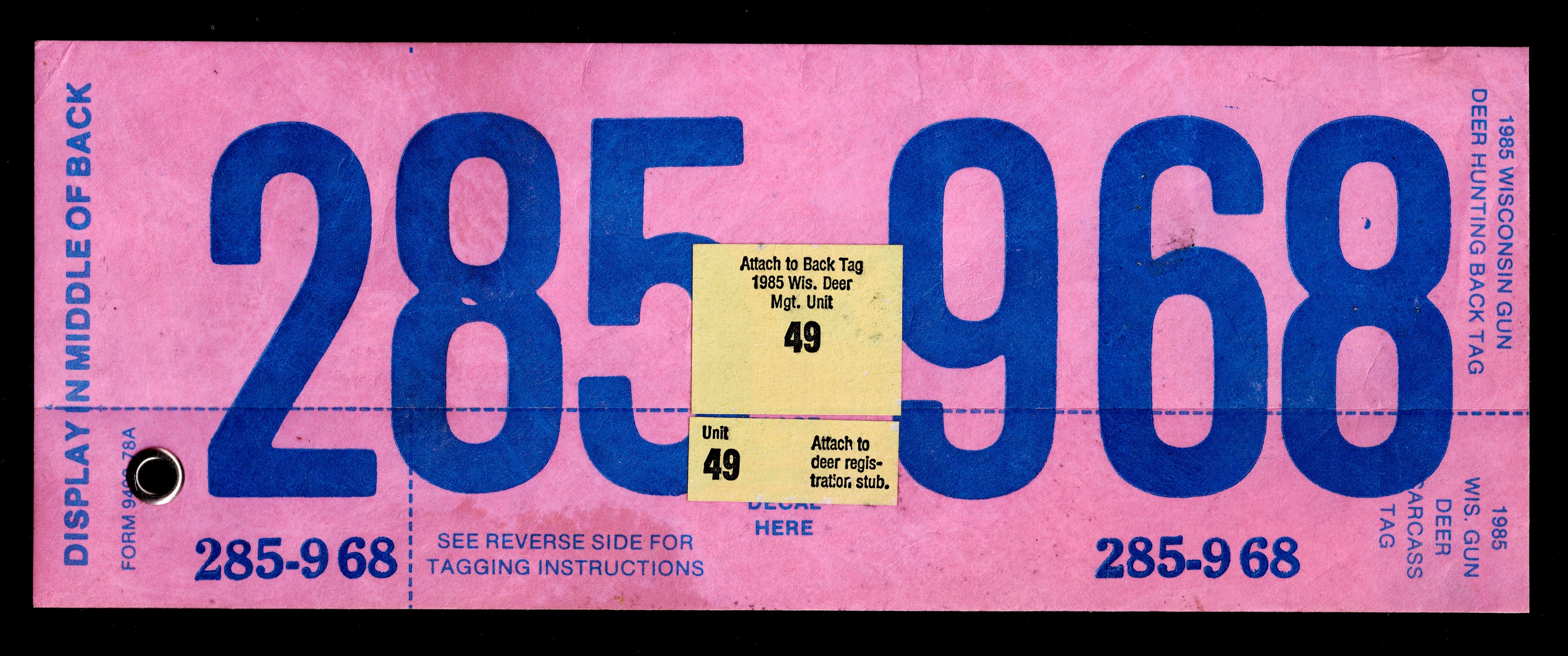 WI hunting management ML6 unit 49 on 1985 back tag U VF