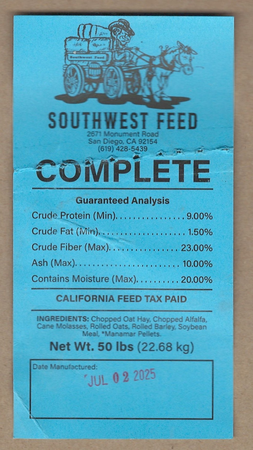 CA feed Unlisted 50 lbs U VF, black on blue, stitch holes, 7/2/2025 cancel