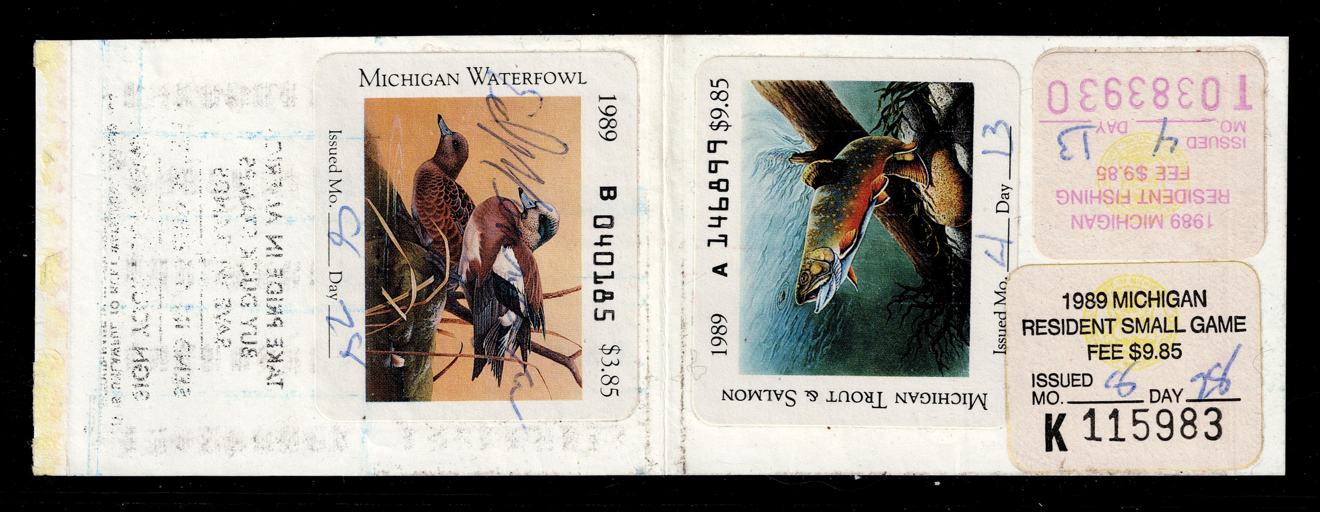 MI license 1989 Michigan Passbook w/waterfowl #14 & trout #22, also Resident Deer, small game, & fishing stamps. Used.