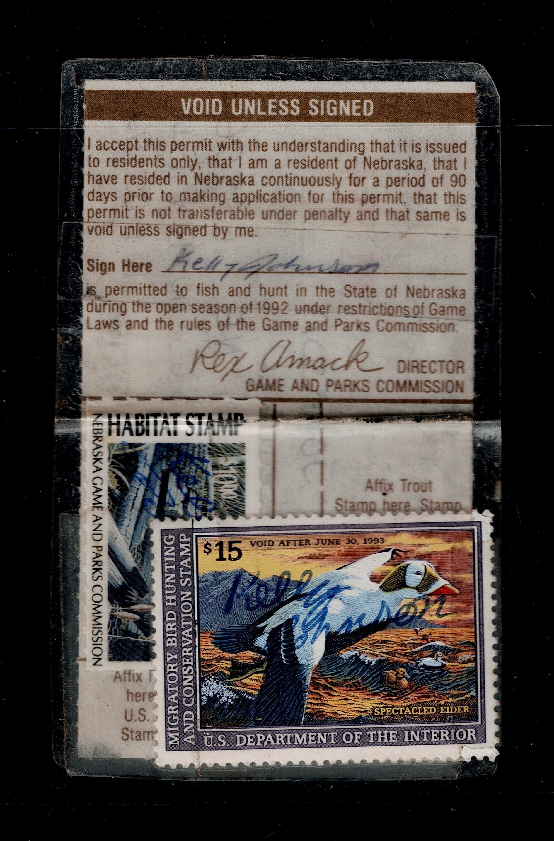 NE habitat HB16 $7.50 U F, 1992 on laminate hunting license w/ federal RW59