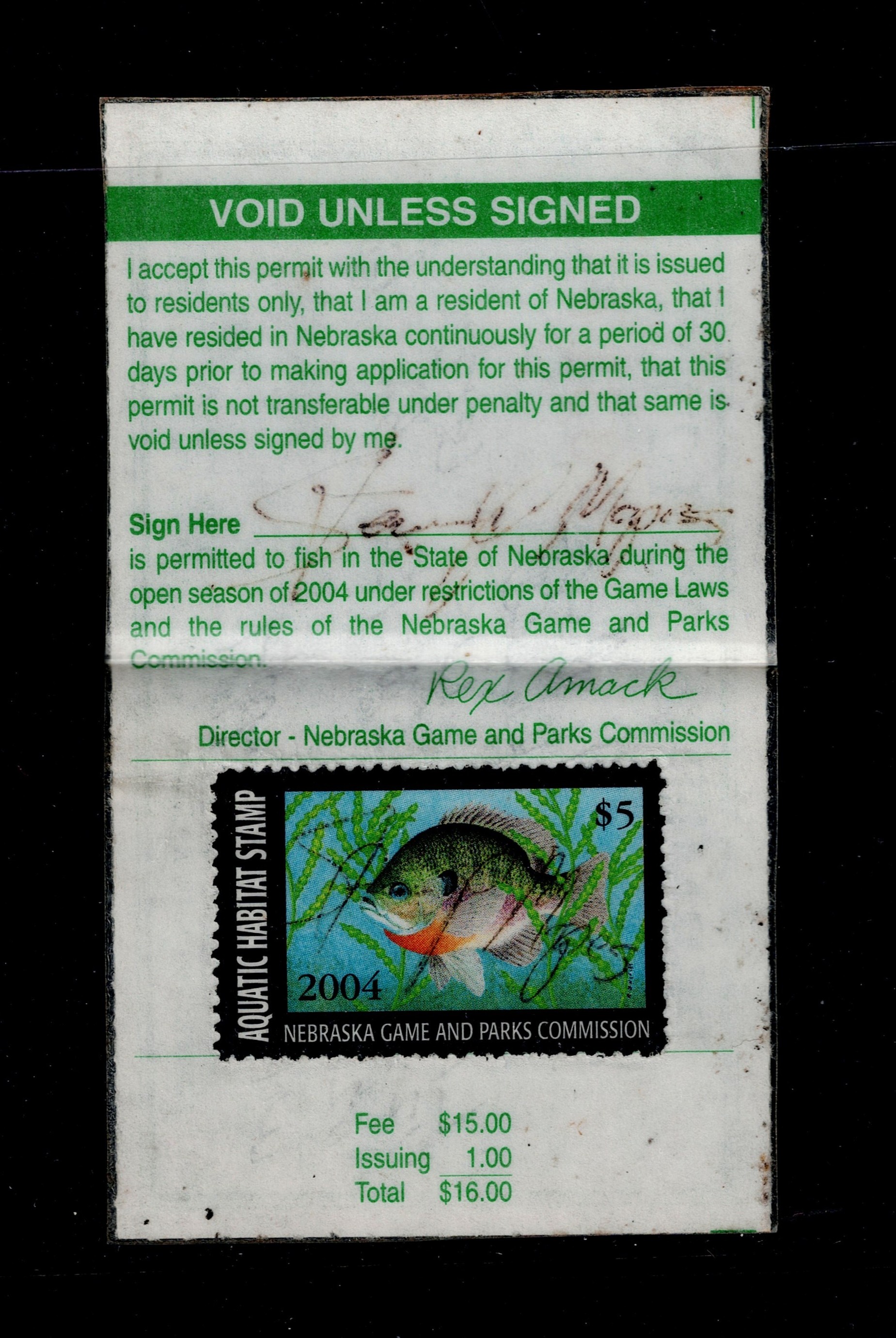 NE aquatic habitat AH8 $5 U F, 2004 on laminated fishing license