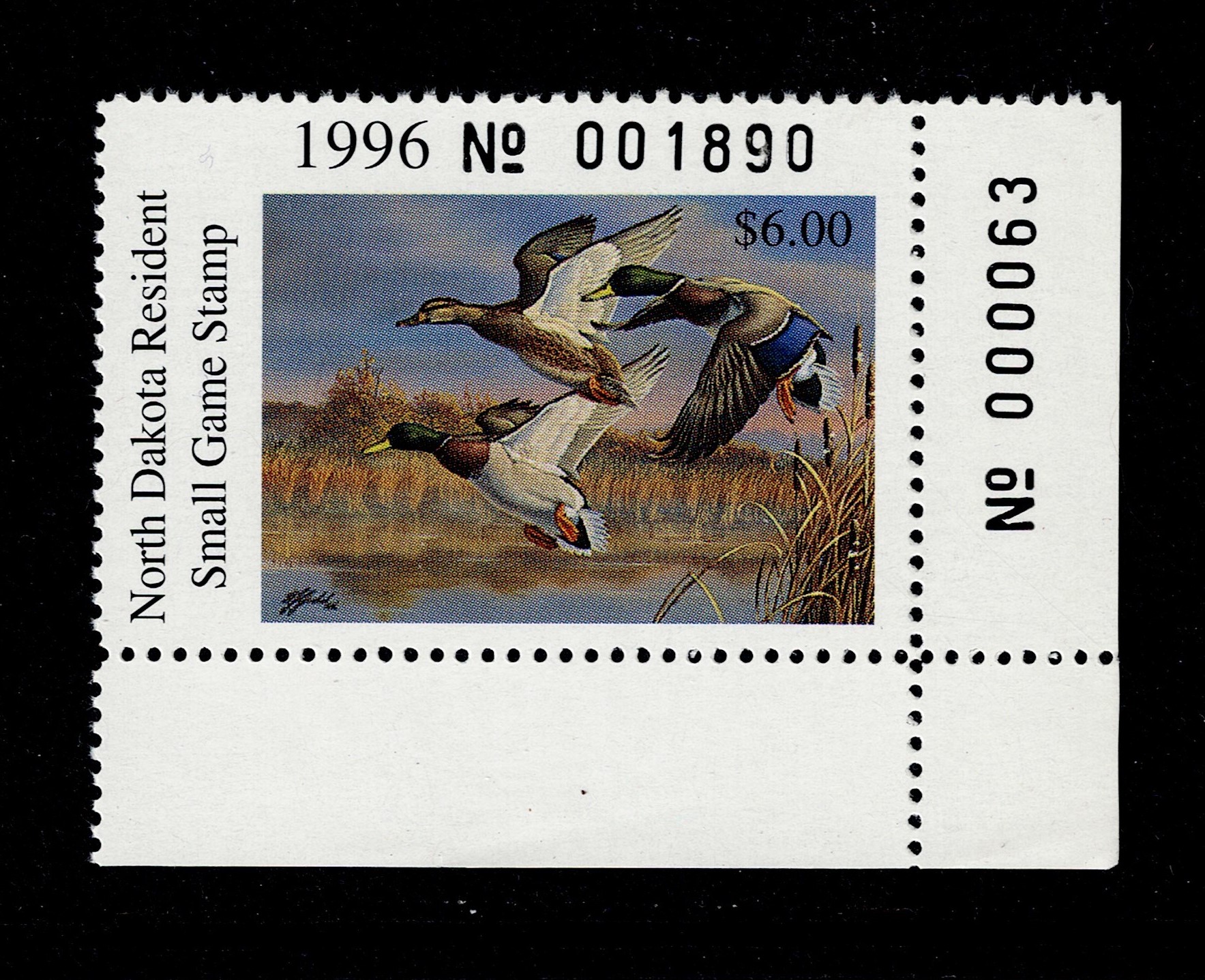 ND small game SGHB30 $6 MNH VF, 1996, lower R corner w/ plate number