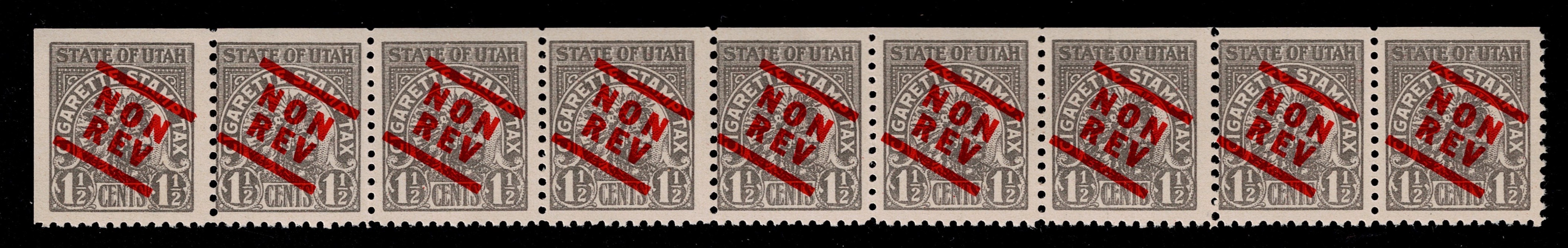 UT cigarette C33 1-1/2c MNH VF strip of 9, NON REV overprint